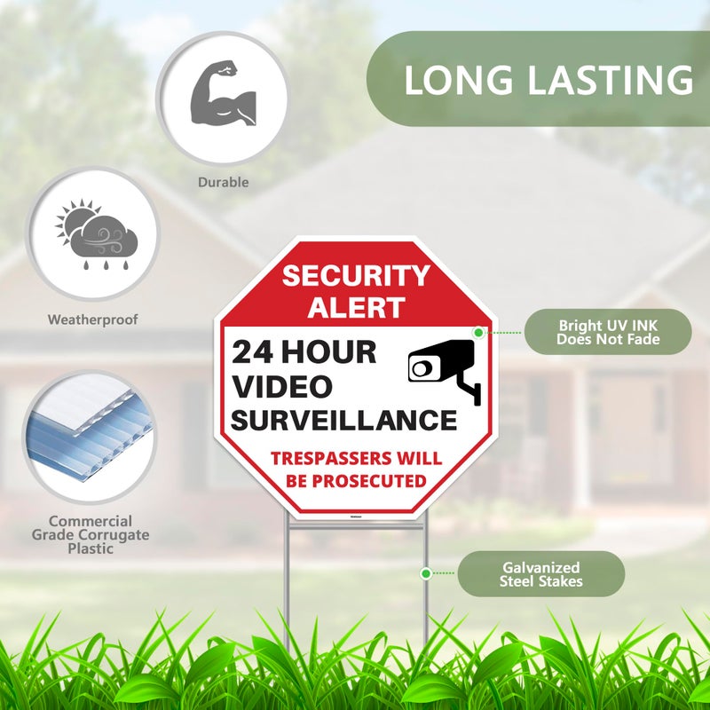 Venicor 2PC 24 Hour Video Surveillance Sign with Stakes, 12"x12" - Corrugated Plastic - No Trespassing Signs for Home Outdoor Yard - Private Property Security Camera Alert Warning - Image 2